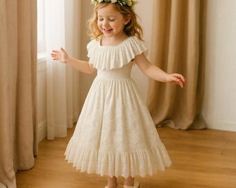 Girls Bohemian Princess Dress - Vintage Inspired ivory Wedding Easter Birthday Dress with Floral Headband