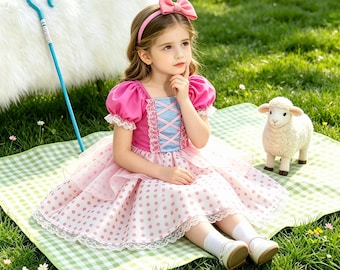 Bo Peep Inspired Dress, Girls Pink Polka Dot Birthday Party Outfit with Headband