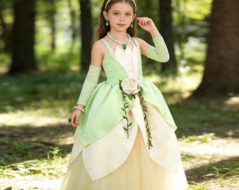 Tiana Inspired Princess Dress, Green Fairy Costume for Girls with Headband and Accessories