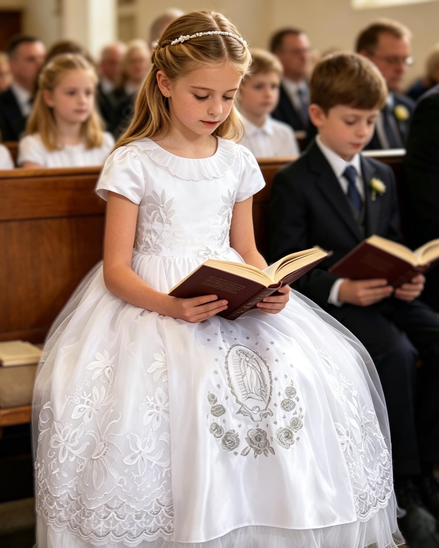 our lady of guadalupe communion dress First Dress, Girls White Lace Baptism Gown, Christening Gown, Embroidered Virgin Mary Holy Communion old fashioned catholic first communion dress