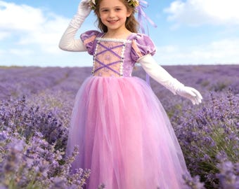 Girls Rapunzel Inspired Princess Dress, Purple Pink Tulle Gown, Puff Sleeves, Birthday Party Outfit