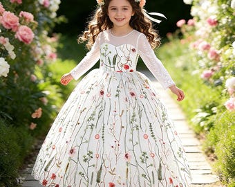 Floral Embroidered Flower Girl Dress, Lace Tulle Formal Dress with headband