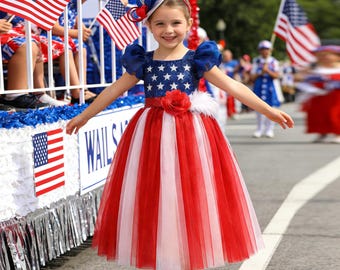 Girls Patriotic Tulle Dress, Red White Blue Stars Gown, 4th of July Pageant Outfit