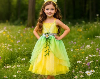 Girls' Fairy Princess Dress - Green & Yellow Flower Costume with Headband