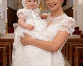 Baptism Lace Christening Gown with Bonnet, Ivory Infant Dress, Toddler First Birthday Outfit