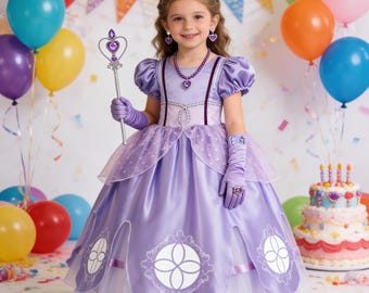 Sofia Inspired Costume, Purple Princess Dress for Girls, Birthday Party Dress with Accessories