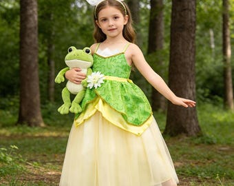 Tiana Inspired Princess Dress for Girls, Toddler Green Lily Flower Ball Gown with Headband