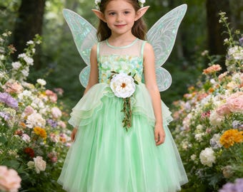 Green Fairy Tulle Dress for Girls, Woodland Elf Costume with Wings, Flower Crown & Ears