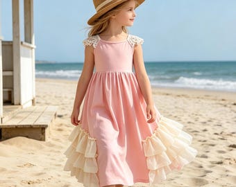 Pink or ivory Ruffle Sundress for Girls, Beach Holiday Flower Girl Outfit, Boho Summer Birthday Wedding Dress