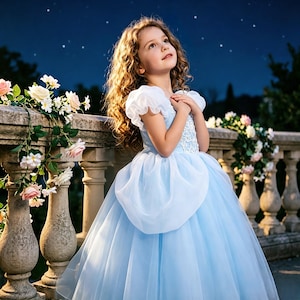 May include: A light blue floor-length dress with short puffed sleeves, a fitted bodice featuring white lace detailing, and a full, layered tulle skirt. The dress is worn by a child with long curly hair standing against a stone balustrade.