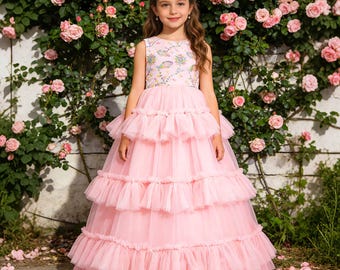 Pink Tulle Ruffle Flower Girl Dress, Junior bridesmaid Gown, Wedding Princess Birthday Party Dress