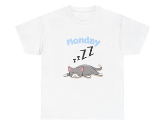 Söt måndagskatt-t-shirt, unisex t-shirt i kraftig bomull, lat dag-t-shirt, kattälskarpresent, avkopplande helgkläder