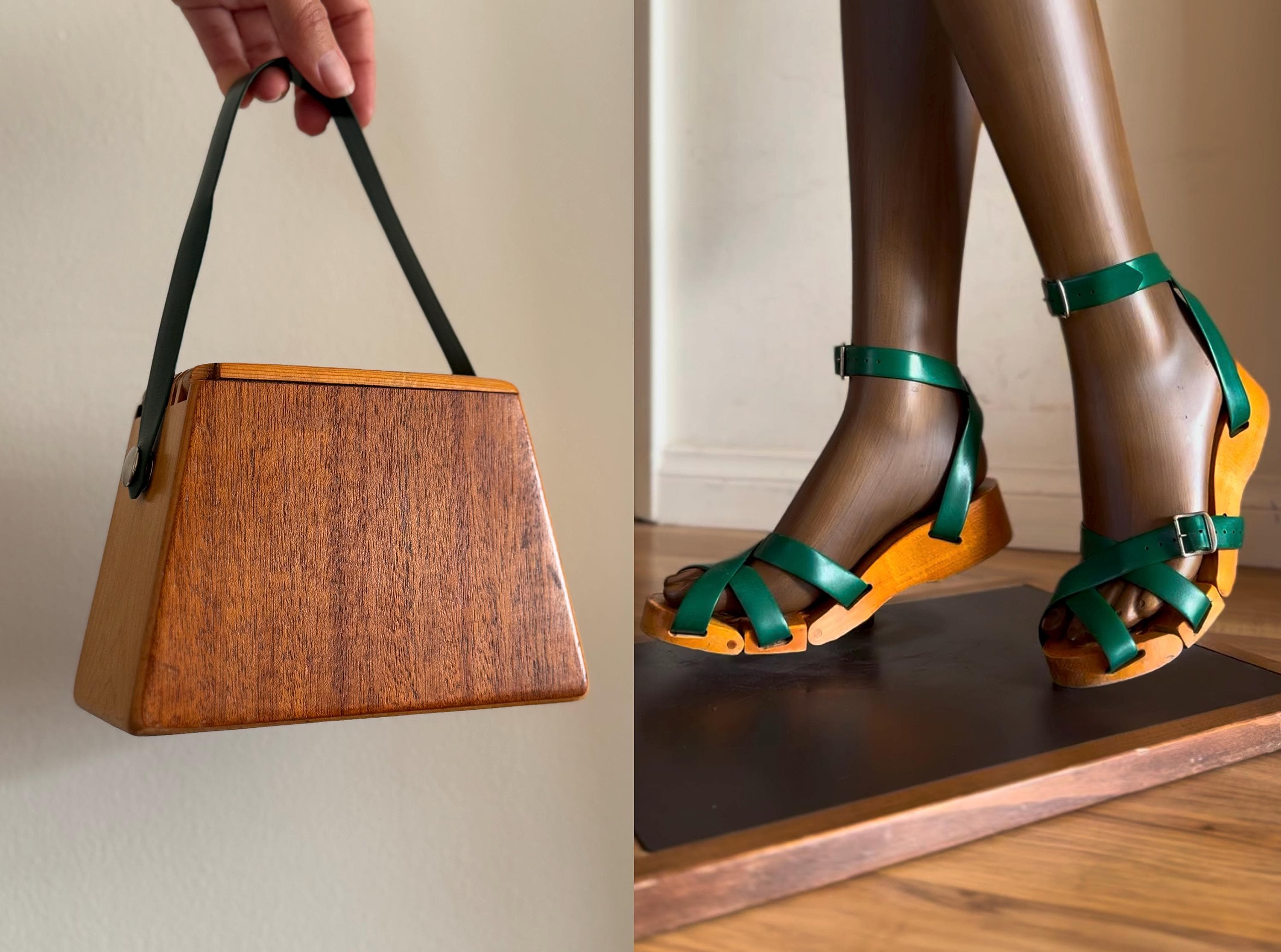 Vintage 1940s Flexiclogs Green Sandals & 1950s Wooden "Lou" Purse Set
