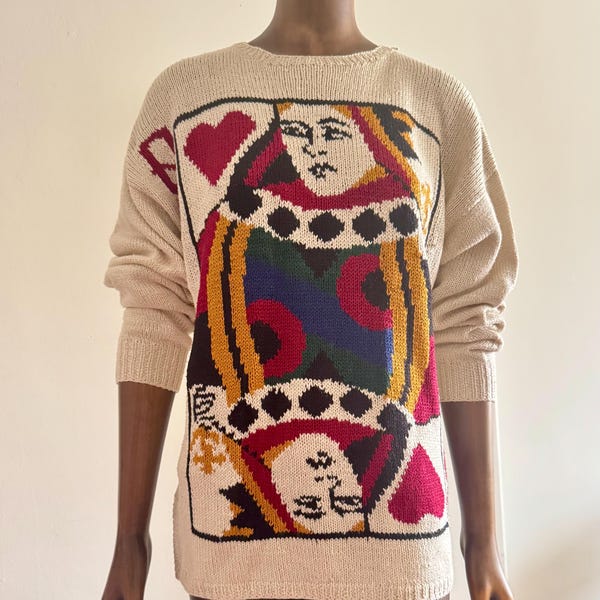 Vintage 80s Perry Ellis Silk Knit Sweater, Queen of Hearts Card Design (Size Small)