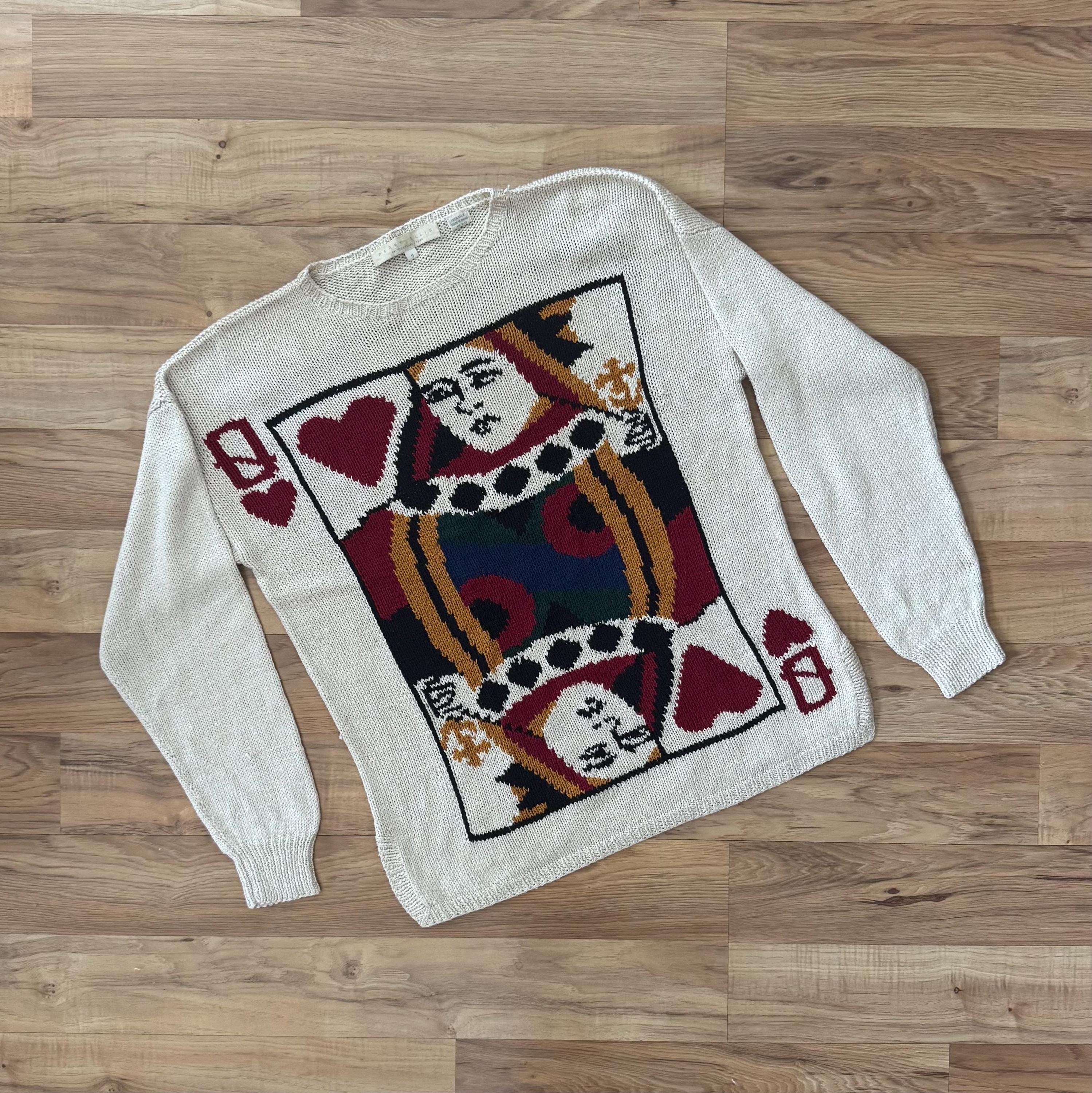 Vintage 80s Perry Ellis Silk Knit Sweater, Queen of Hearts Card 