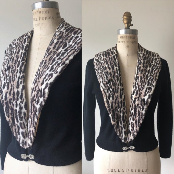 Vintage 1950s faux leopard fur collar cardigan sw… - image 1