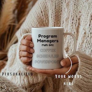 Puede incluir: Taza de cerámica blanca con texto negro que dice "Program Managers run on: COFFEE SCHEDULES POWERPOINT".
