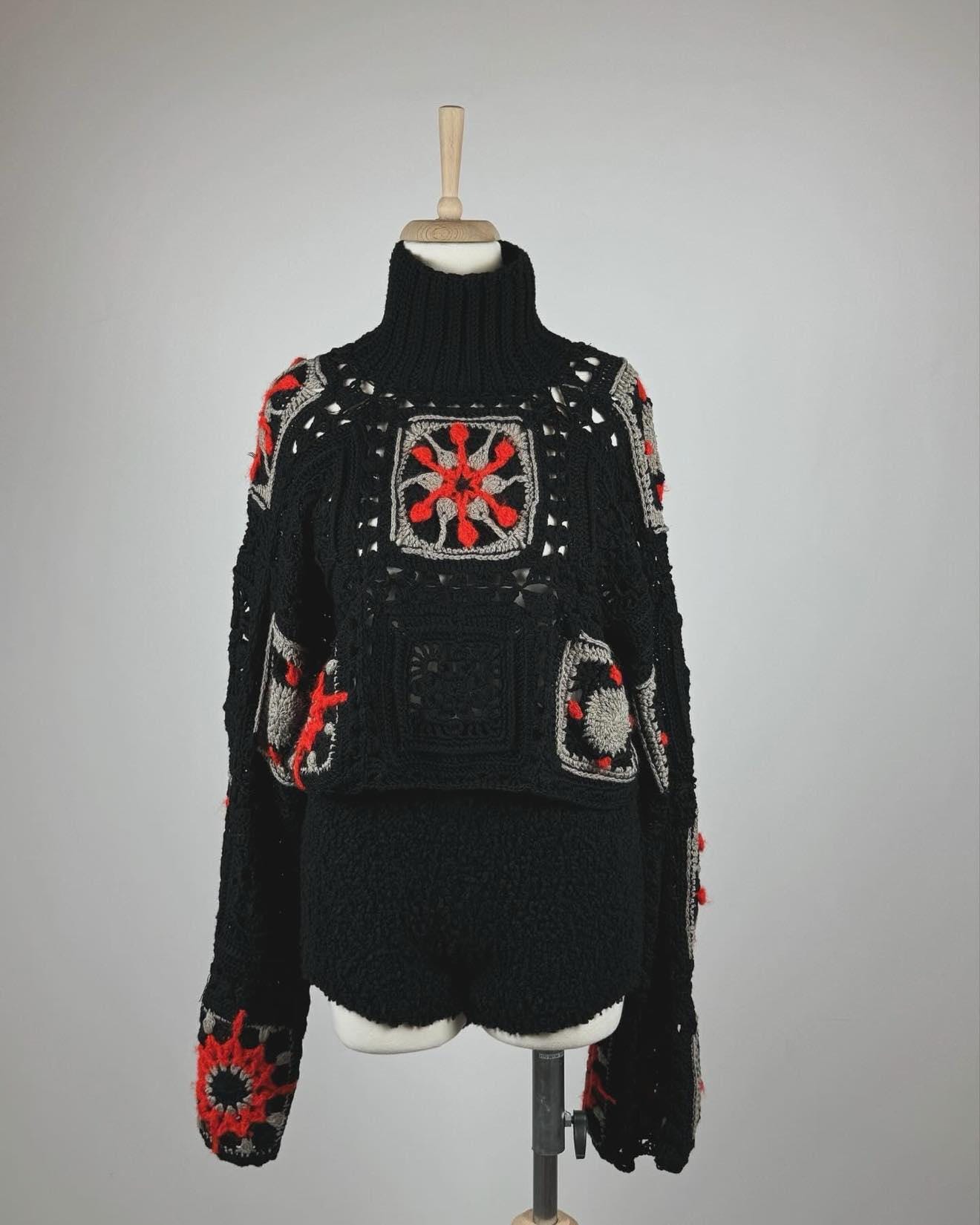Black Turtleneck Sweater, Knitted Turtleneck Sweater, Granny Square Pullover, Black Crochet Sweater, Boho Crochet Tops