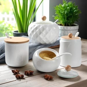 Minimalist Ceramic Spice Jars – White Canisters with Wooden Lids – Kitchen Organizer Set for Salt, Sugar & Seasonings