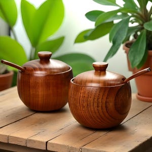 Handcrafted Wooden Salt Cellar with Spoon: Rustic Kitchen Storage