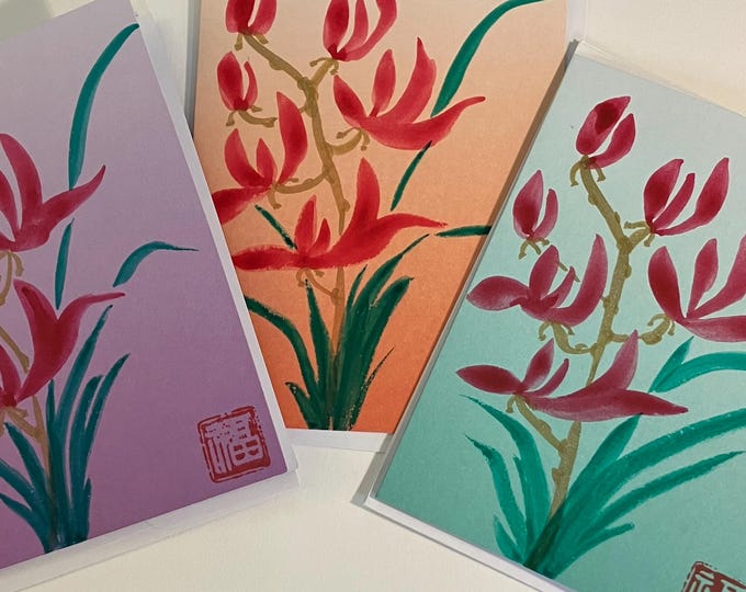 Set of 3 orchids.  Graceful, hand painted orchid on a pastel card **not a print.   One handmade folded gift tag included with order.
