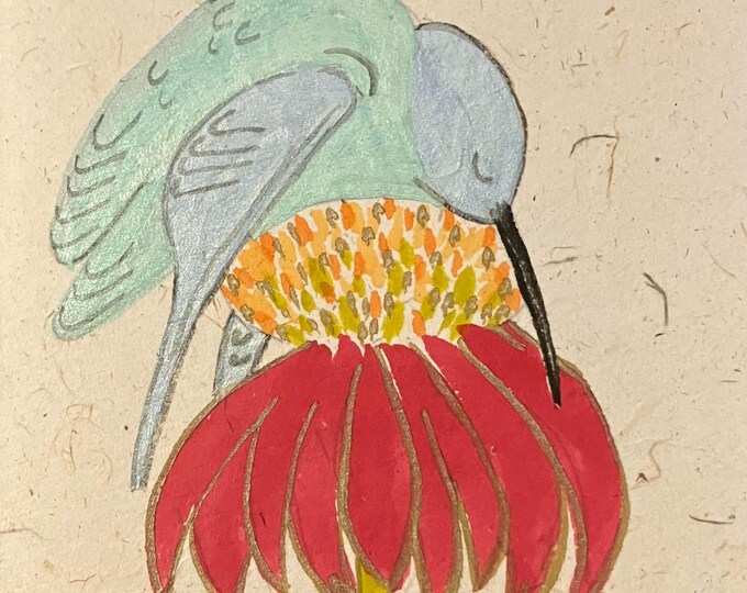 New design: Napping hummingbird on coneflower.  Hand painted on natural Chinese mulberry paper.  *not a print.