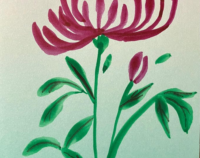 New design: Springtime Chrysanthemum.  Graceful, hand painted mum on a pastel card **not a print.   One handmade tag included with order.