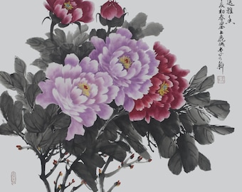 Pintura de peonía con tinta china dibujada a mano / Decoración floral original para pared / Regalo para mamá / Boda