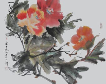 Pintura de peonía con tinta china dibujada a mano / Decoración floral original para pared