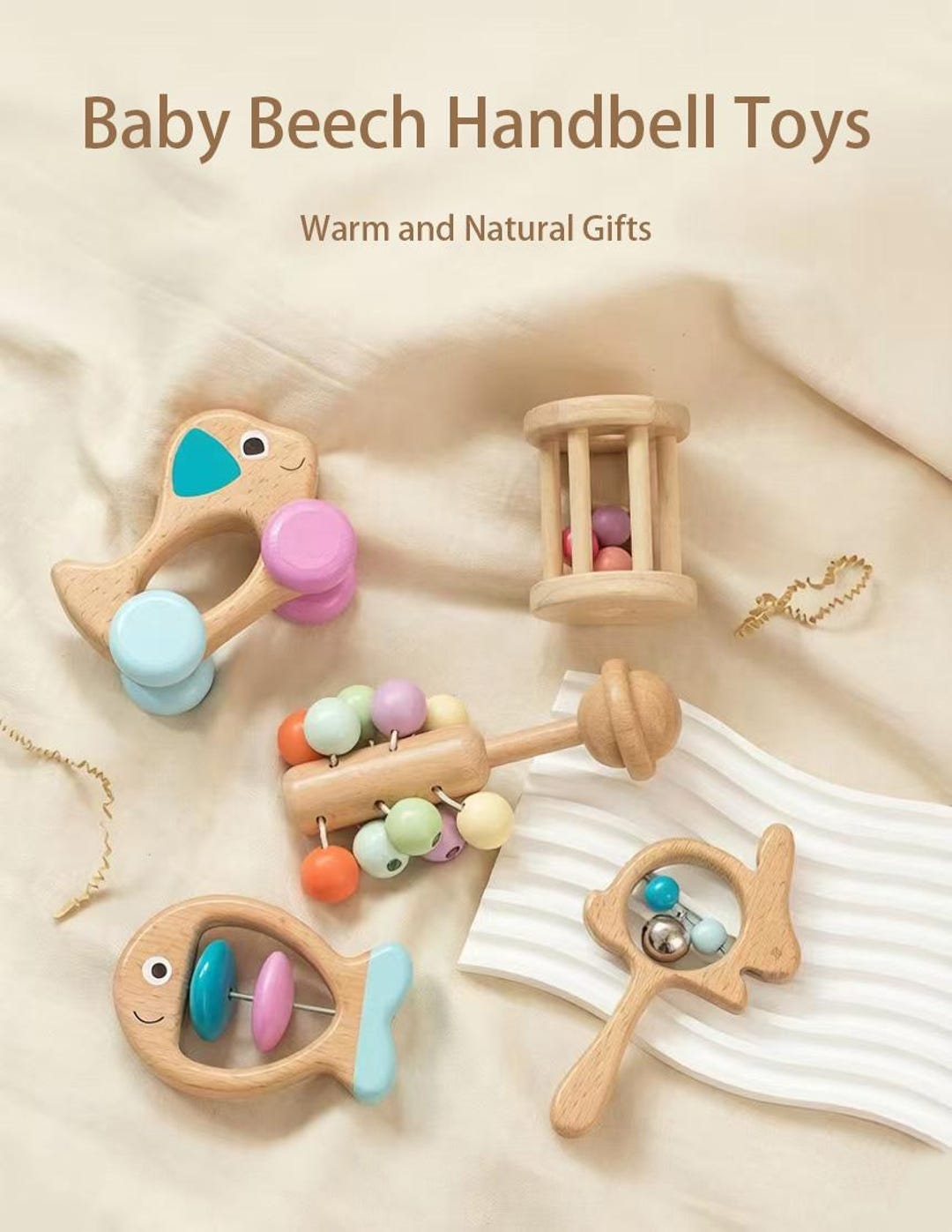 Handbell Rattle Baby Natural Beech Wood Baby Handbell Toys, Early Education Rattle, Animal ...