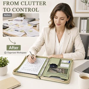 May include: A sage green zippered portfolio organizer featuring a metal three-ring binder mechanism, multiple interior pockets for cards and documents, and a notepad. The text FROM CLUTTER TO CONTROL and Organized Workspace is visible.