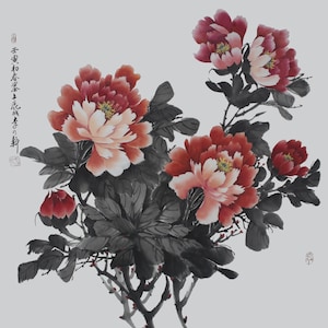 Dipinto di peonia con inchiostro cinese / Disegnato a mano dall'artista Li Naixin / Decorazione murale, regalo per mamma/matrimonio