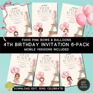 Girl’s 4th Birthday party invitation | Paris Pink Bows & Balloons invite | Coquette Eiffel Tower | French girl | Black girl | 6 designs