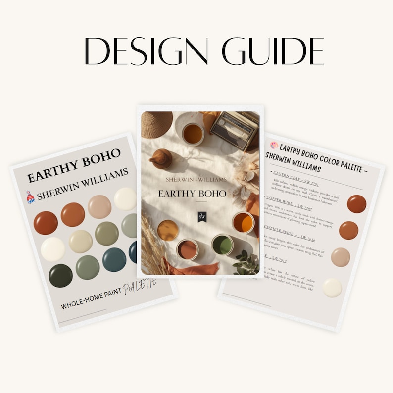 May include: Three design guides with the text "DESIGN GUIDE" at the top. The guides feature the text "EARTHY BOHO" and "SHERWIN WILLIAMS". One guide shows a color palette with various paint colors. The other guides show paint cans.