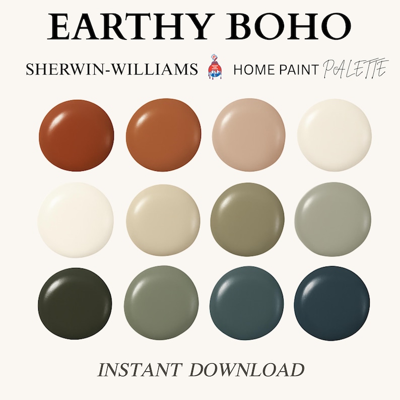May include: A palette of Sherwin-Williams home paint colors with the text "Earthy Boho." The palette features twelve circular paint swatches in various earth tones, including shades of brown, beige, green, and blue. The words "Instant Download" are at the bottom.