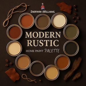 Puede incluir: Una paleta de pintura "Modern Rustic" para el hogar, presentada en botes dispuestos en círculo. Los colores exhibidos son tonos tierra, incluyendo marrones, verdes y cremas. El logotipo de Sherwin-Williams es visible. Se incluyen elementos decorativos como granos de café y cuerda.