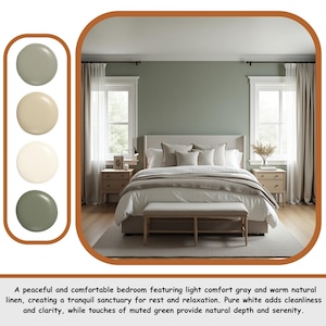 May include: A bedroom scene with a bed, nightstands, and windows. The color palette includes light gray, white, and muted green. The text in the image says: A peaceful and comfortable bedroom featuring light comfort gray and warm natural linen, creating a tranquil sanctuary for rest and relaxation. Pure white adds cleanliness and clarity, while touches of muted green provide natural depth and serenity.