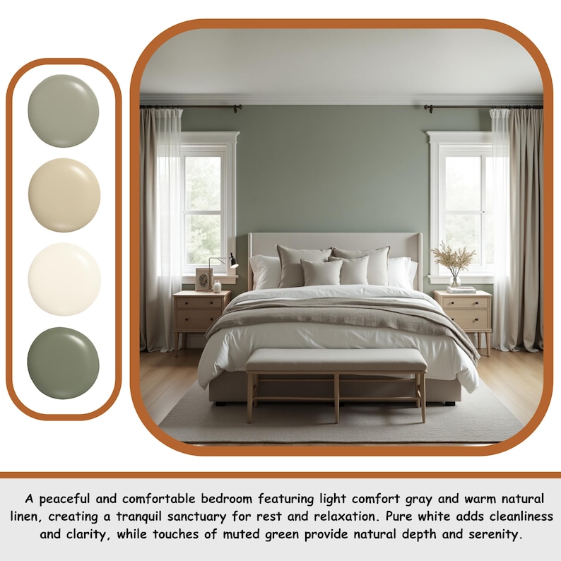 May include: A bedroom scene with a bed, nightstands, and windows. The color palette includes light gray, white, and muted green. The text in the image says: A peaceful and comfortable bedroom featuring light comfort gray and warm natural linen, creating a tranquil sanctuary for rest and relaxation. Pure white adds cleanliness and clarity, while touches of muted green provide natural depth and serenity.
