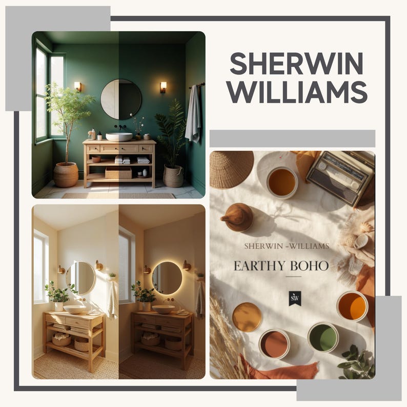 May include: An image showcasing bathroom design ideas with Sherwin-Williams paint colors. The image features two bathroom scenes with wooden vanities, mirrors, and plants. The right side displays paint cans and the text "EARTHY BOHO".