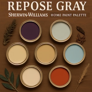 Transform your home with Sherwin Williams&#39; &#39;REPOSE GRAY&#39;: A versatile, sophisticated gray for exteriors, kitchen cabinets, and every room.
