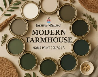 Nowoczesna paleta farb w stylu farmhouse | 12 neutralnych i zielonych kolorów Sherwin-Williams | Cyfrowy przewodnik po projektowaniu domu
