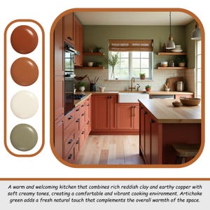 May include: A kitchen with reddish-clay cabinets, a light wood floor, and a light-colored countertop. The walls are painted a soft green. The image includes a color palette with shades of red, brown, white, and green.