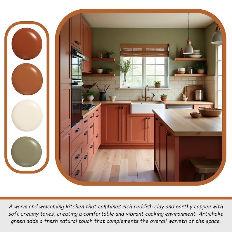 May include: A kitchen with reddish-clay cabinets, a light wood floor, and a light-colored countertop. The walls are painted a soft green. The image includes a color palette with shades of red, brown, white, and green.