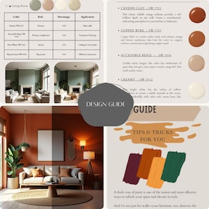 May include: A design guide with color swatches and interior design tips. The guide features paint colors like Cavern Clay, Copper Wire, and Accessible Beige, along with room scenes and text. The overall theme is home decor and interior design.