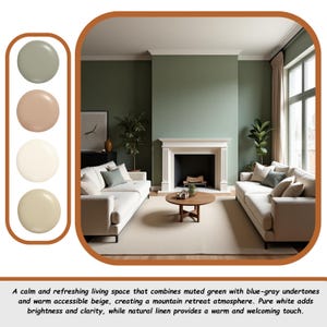 May include: A living room with muted green walls, white sofas, and a fireplace. The room features a round wooden coffee table, a beige rug, and large windows. The image includes paint color swatches in green, beige, and white.