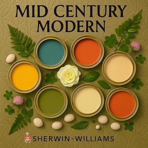 May include: An arrangement of paint cans in various colors, including teal, orange, yellow, and beige, with the text "MID CENTURY MODERN" and "SHERWIN-WILLIAMS". The image is decorated with leaves, flowers, and small, egg-shaped objects.