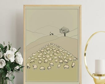 Jesus Leaves the 99 Digital Art Print, Bible Wall Art, Thoughtful Christian Occasion, Jesus Good Shepherd, Rejoices over One Lost Sheep
