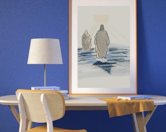 Jesus and Peter Walk on Water – Bible Verse Wall Art | Matthew 14:29 | Christian Digital Print, Scripture Decor, Faith Poster Download