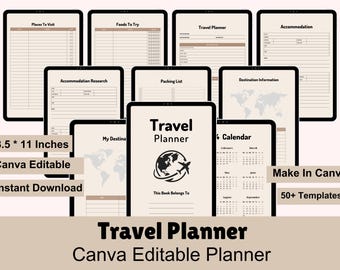 Puede incluir: Un planificador de viajes digital con plantillas para lugares a visitar, alojamiento y listas de embalaje. El planificador mide 21,6 x 27,9 cm y es editable en Canva. La portada presenta un globo terráqueo y un avión. El texto "Travel Planner" es prominente.