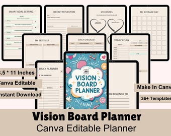 Vision Board Planner Printable | Goal Setting & Manifestation Journal | Canva Editable